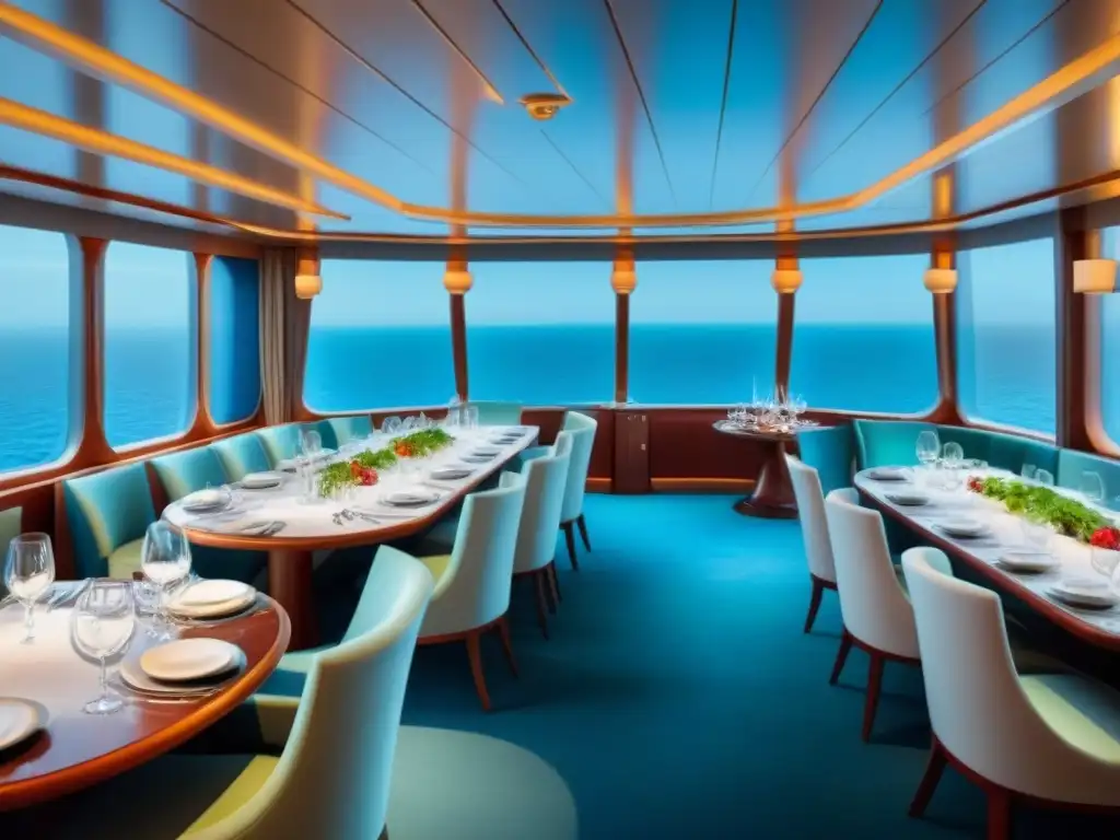 Un elegante comedor de crucero de lujo con superalimentos vibrantes