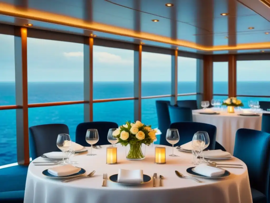 Un elegante comedor de crucero de lujo con detalles refinados, vista al mar y ambiente sofisticado