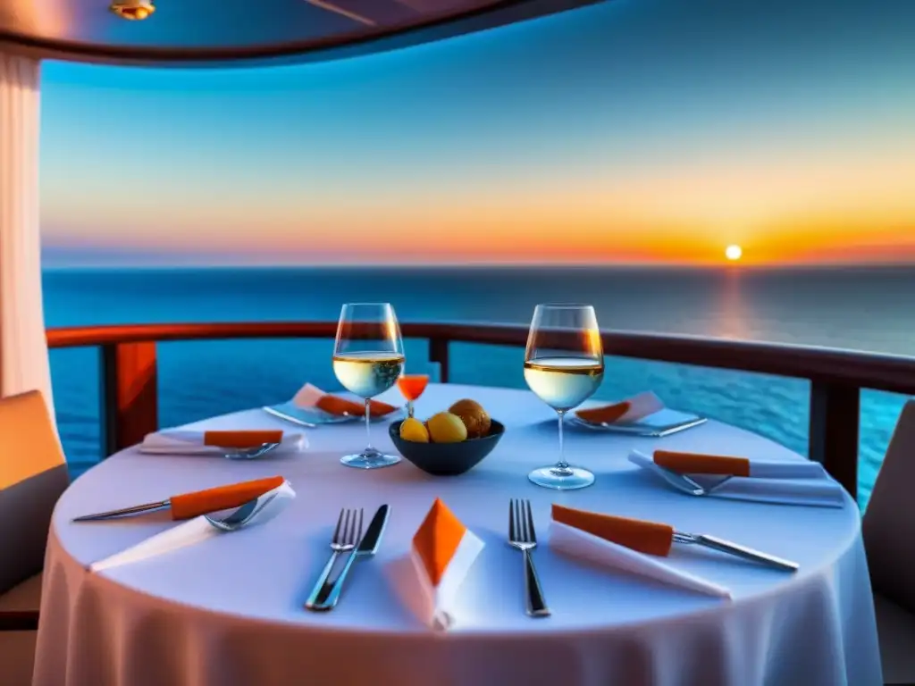 Un elegante comedor de crucero con lujosas mesas blancas, copas de cristal brillante y una vista panorámica al océano mostrando un atardecer vibrante