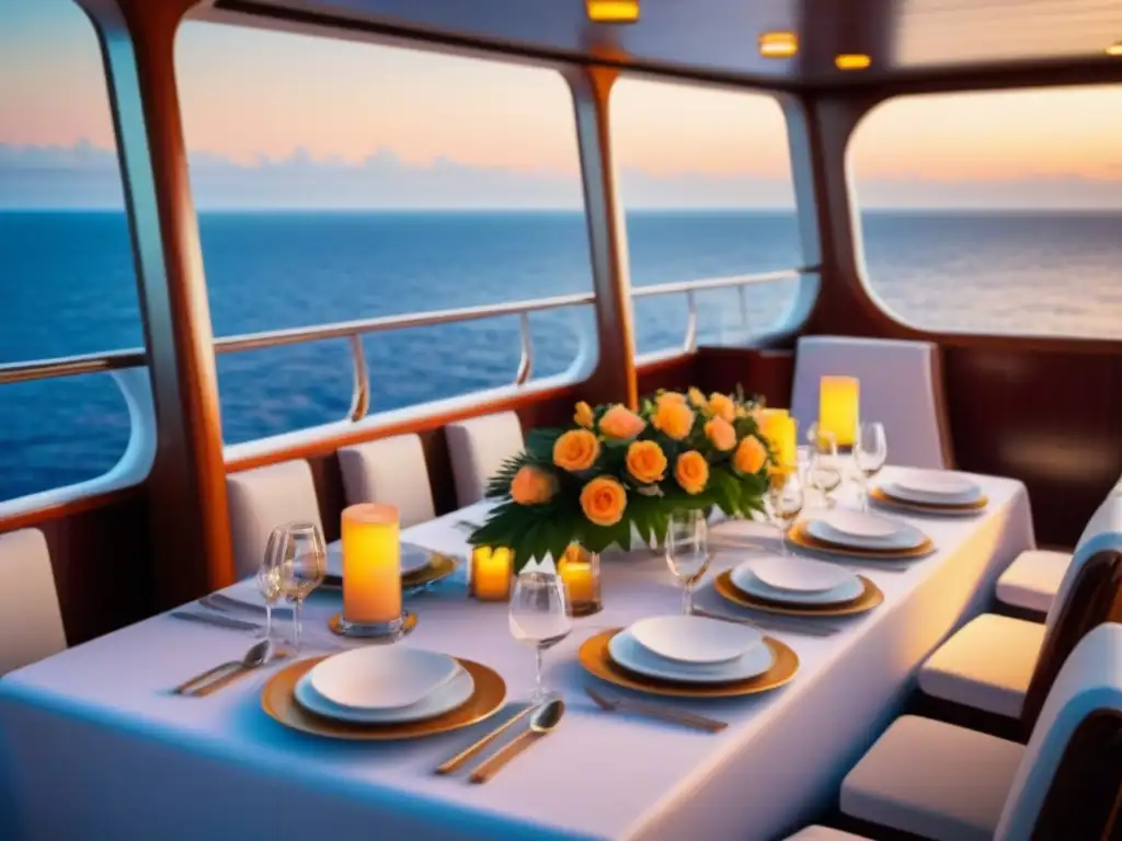 Un elegante comedor en un crucero marítimo con cenas temáticas, decoración exquisita y vista al mar al atardecer