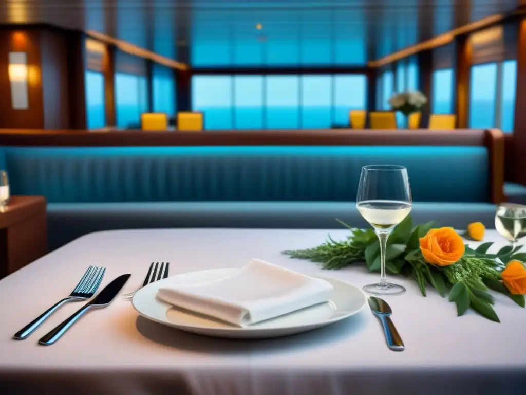 Un elegante comedor de crucero con mesa impecablemente puesta, en tonos neutros y toques de color de flores frescas