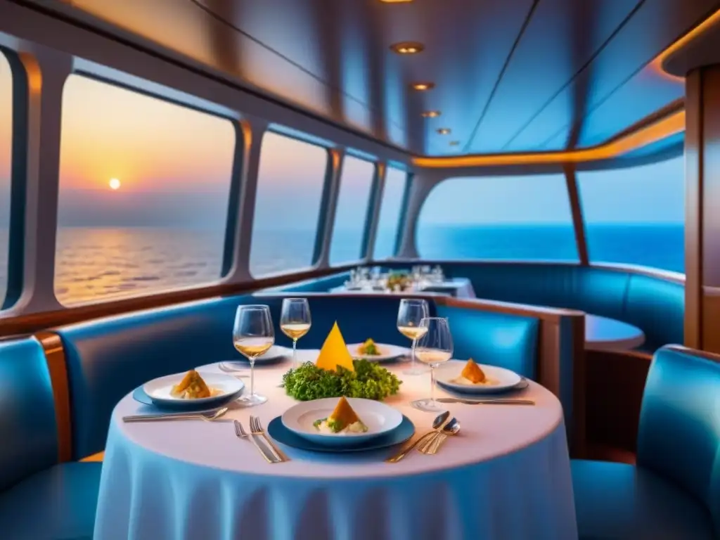 Un elegante comedor de crucero con nutrición personalizada, vista al mar al atardecer