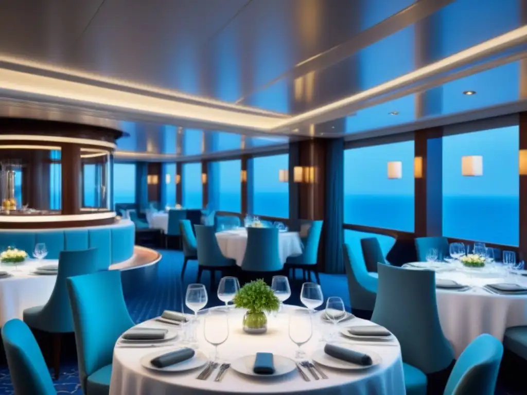 Un elegante comedor de crucero con platos inusuales, iluminación ambiental y diseño moderno