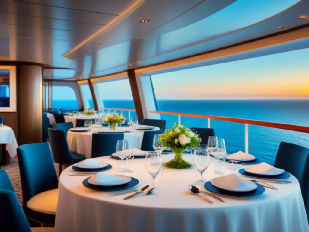 Un elegante comedor de crucero sostenible con vistas al mar