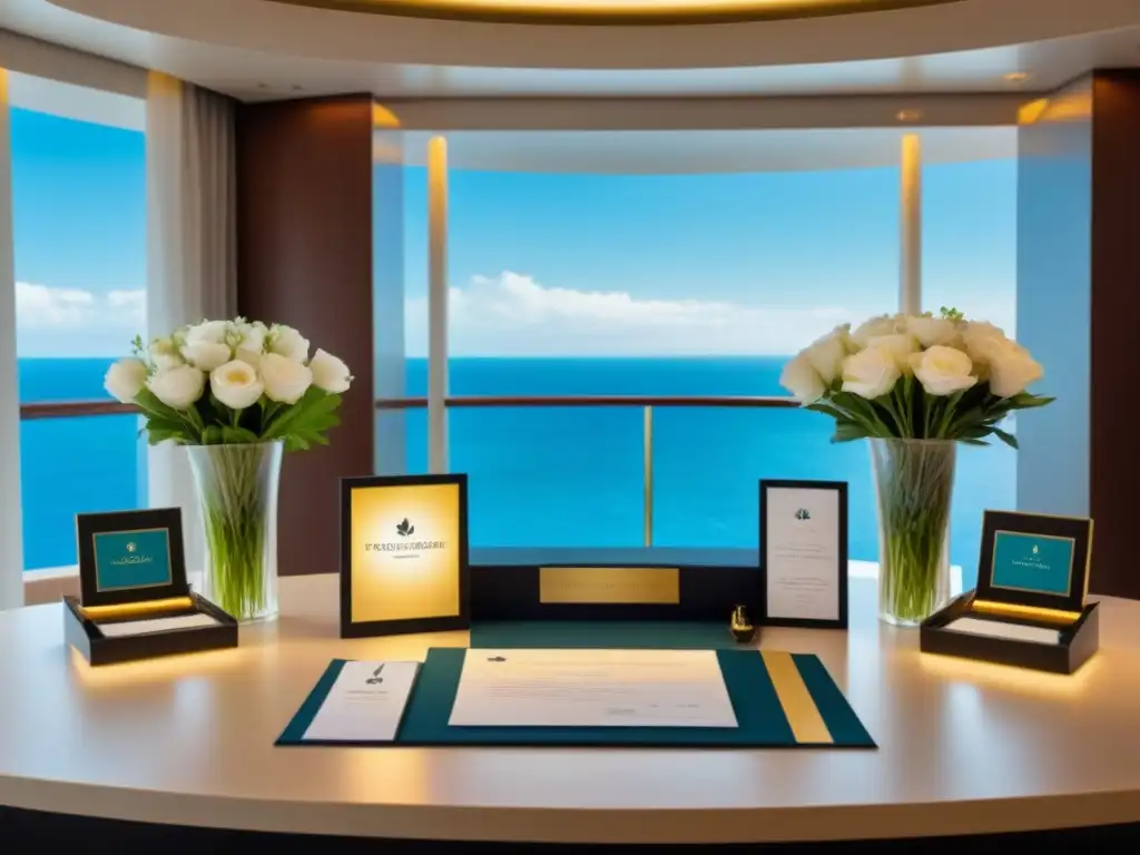 Elegante concierge en crucero con las mejores recomendaciones, iluminación suave y vista al mar