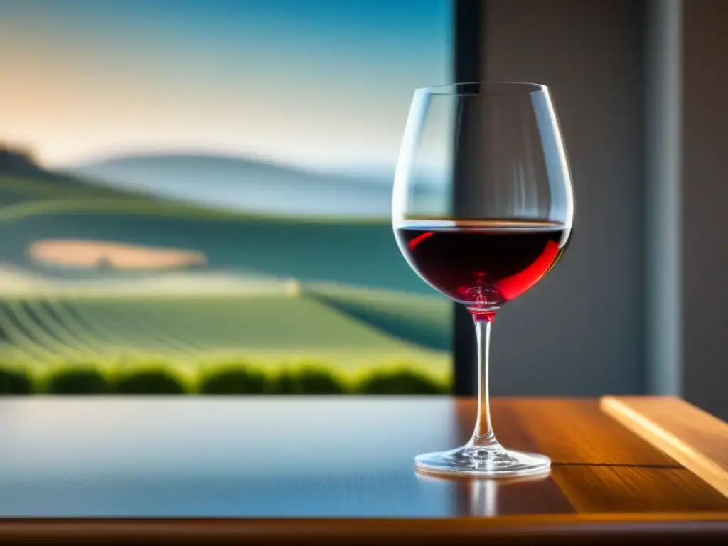 Una elegante copa de vino tinto sobre mesa de madera pulida, iluminada cálidamente