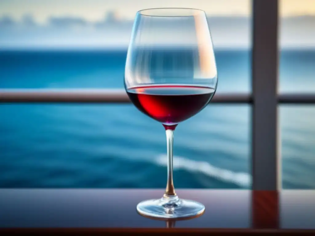 Una elegante copa de vino con un intenso color rojo, en un lujoso crucero con vista al mar