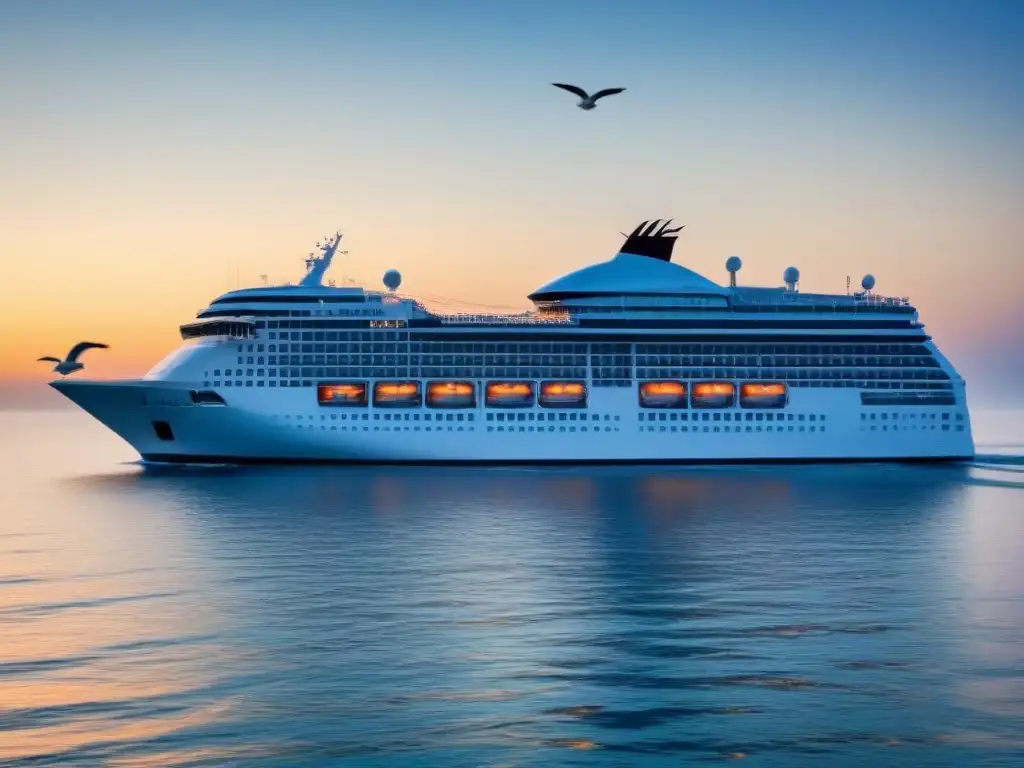 Un elegante crucero navegando en aguas calmadas con gaviotas, al atardecer