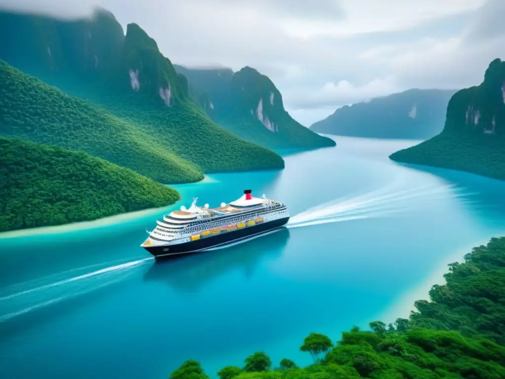 Un elegante crucero navegando en aguas cristalinas rodeado de exuberante vegetación tropical