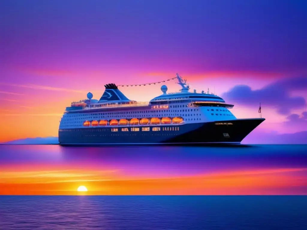 Elegante crucero surcando aguas cristalinas al atardecer