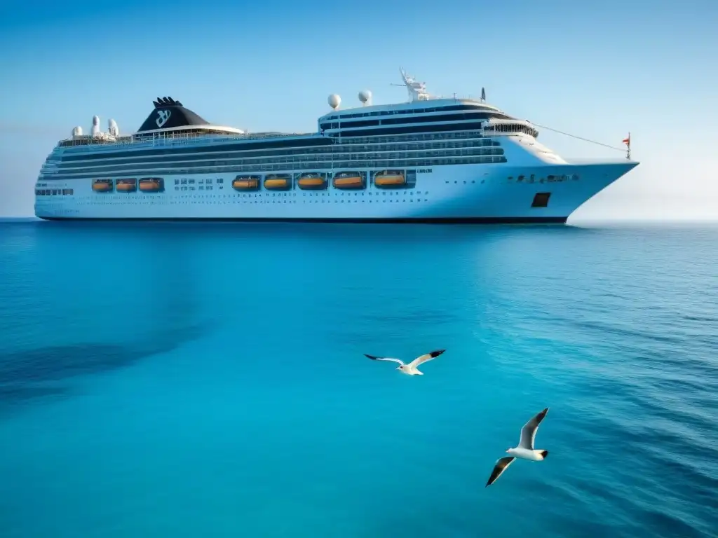 Un elegante crucero navegando en aguas cristalinas, con gaviotas y una costa al fondo