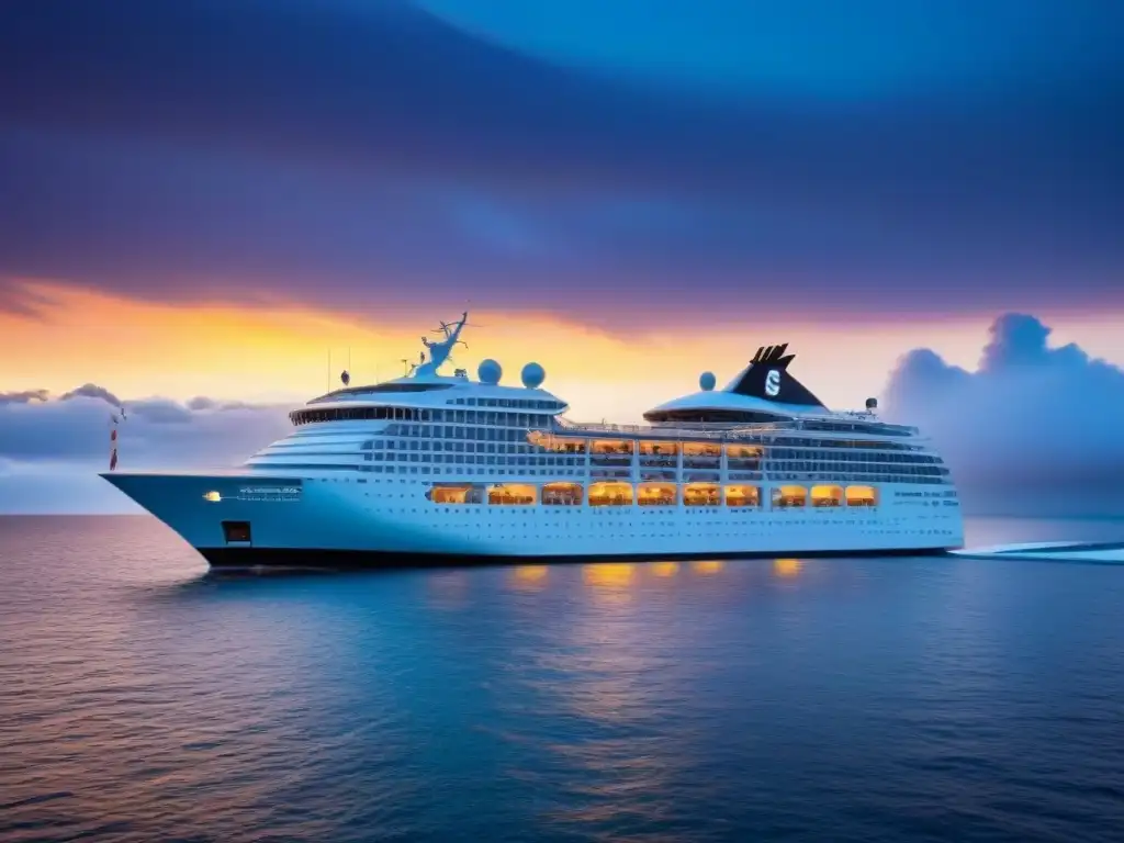 Un elegante crucero navegando en aguas cristalinas al atardecer, con un solo velamen blanco ondeando bajo un cielo despejado