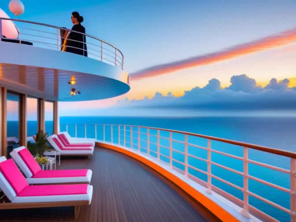 Un elegante crucero navegando en aguas cristalinas bajo un cielo despejado al atardecer, con servicios exclusivos de concierge en cruceros