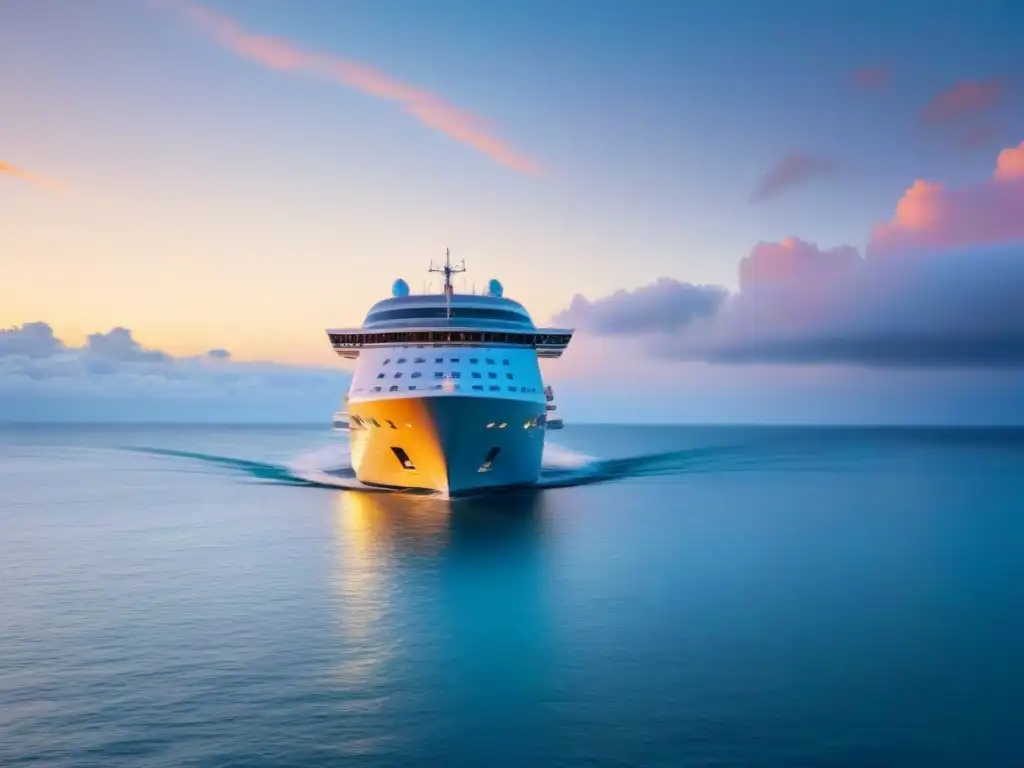 Un elegante crucero navegando en aguas cristalinas al atardecer