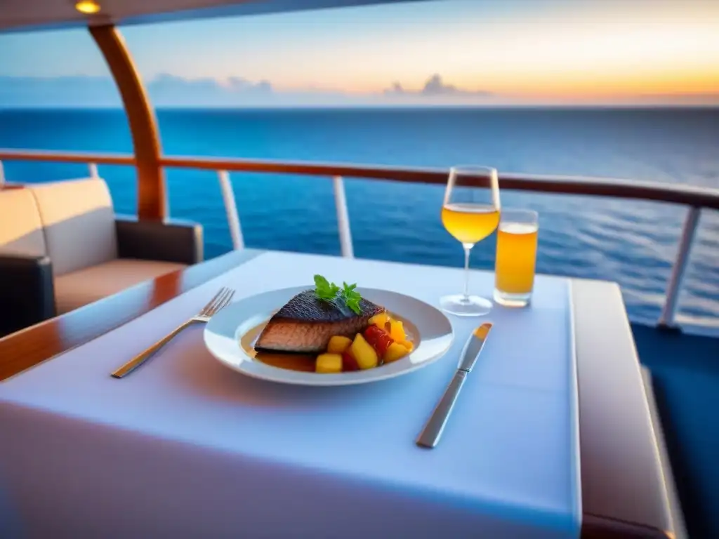 Un elegante crucero navega en aguas cristalinas al atardecer, con menús sostenibles en la cubierta