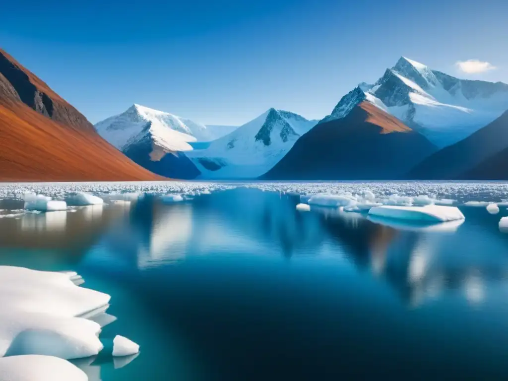 Un elegante crucero de expedición surcando aguas heladas, rodeado de montañas nevadas bajo un cielo azul