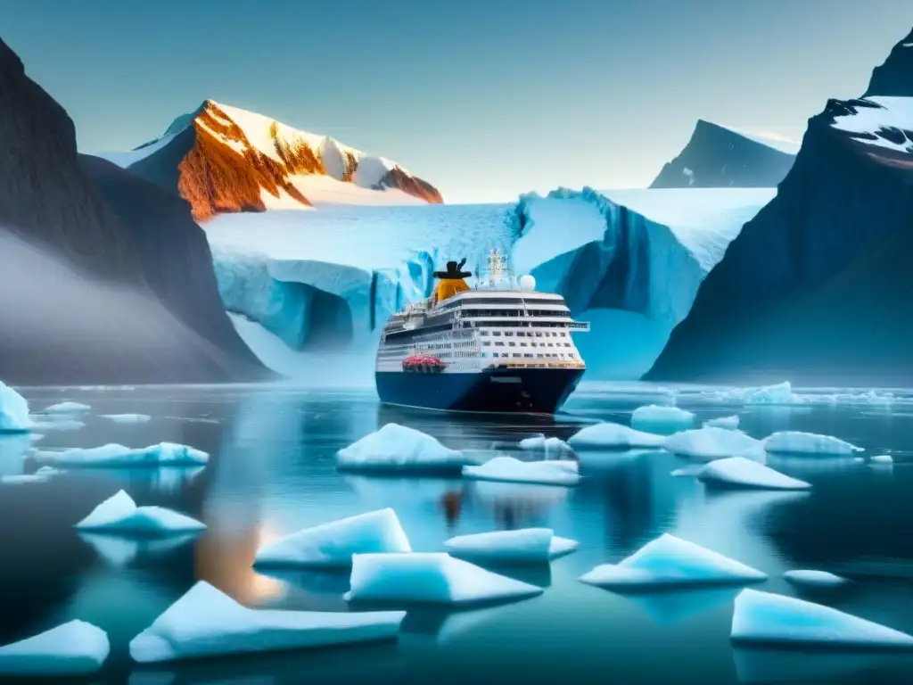 Un elegante crucero de expedición surcando aguas heladas con imponentes glaciares al fondo, reflejando los tonos suaves del sol poniente