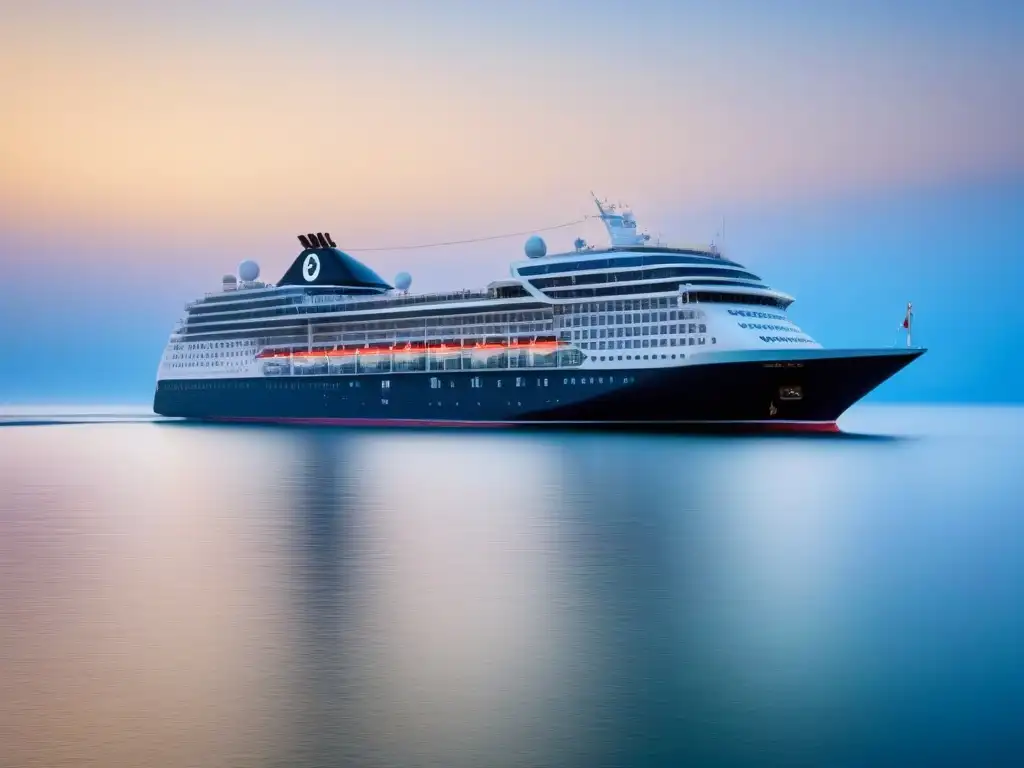 Un elegante crucero navegando en aguas tranquilas bajo un cielo azul claro, ideal para una experiencia gastronómica de cocina saludable en alta mar