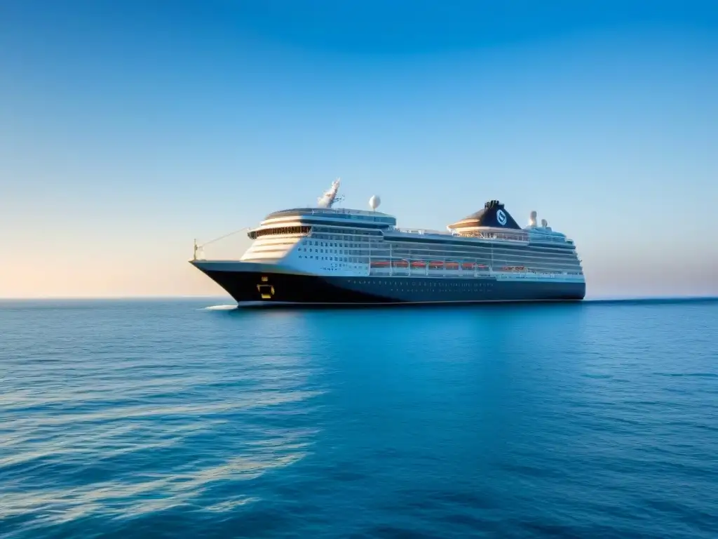 Un elegante crucero navegando en aguas tranquilas, bajo un cielo azul despejado