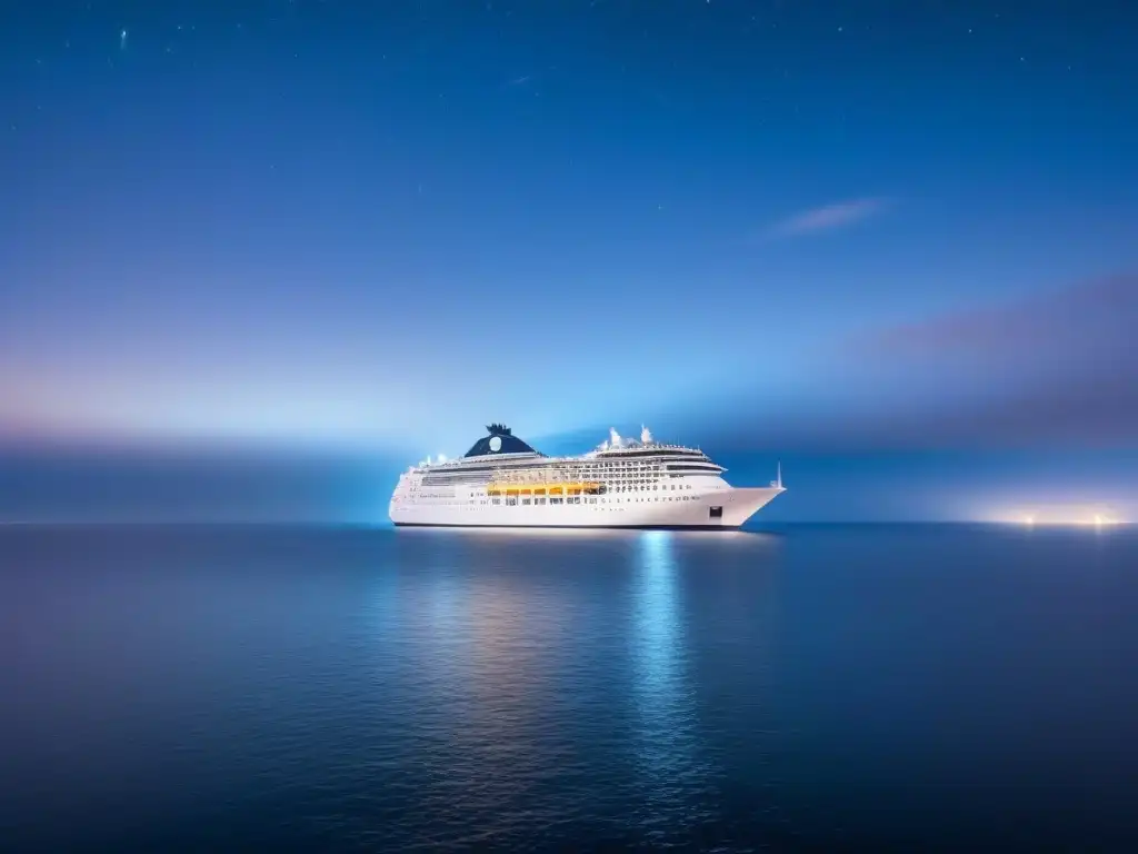 Un elegante crucero navegando en aguas tranquilas bajo un cielo estrellado