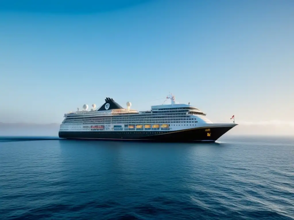 Un elegante crucero surcando aguas tranquilas bajo un cielo azul, evocando lujo y tranquilidad