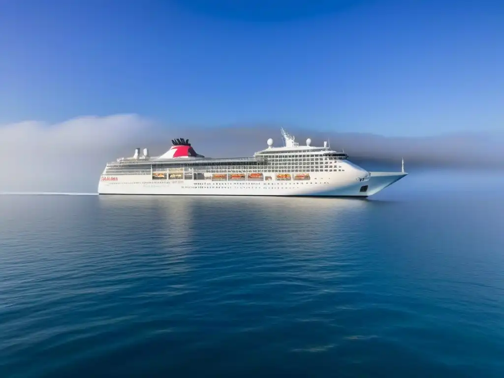 Un elegante crucero deslizándose en aguas tranquilas bajo un cielo azul, reflejando serenidad y lujo en su diseño