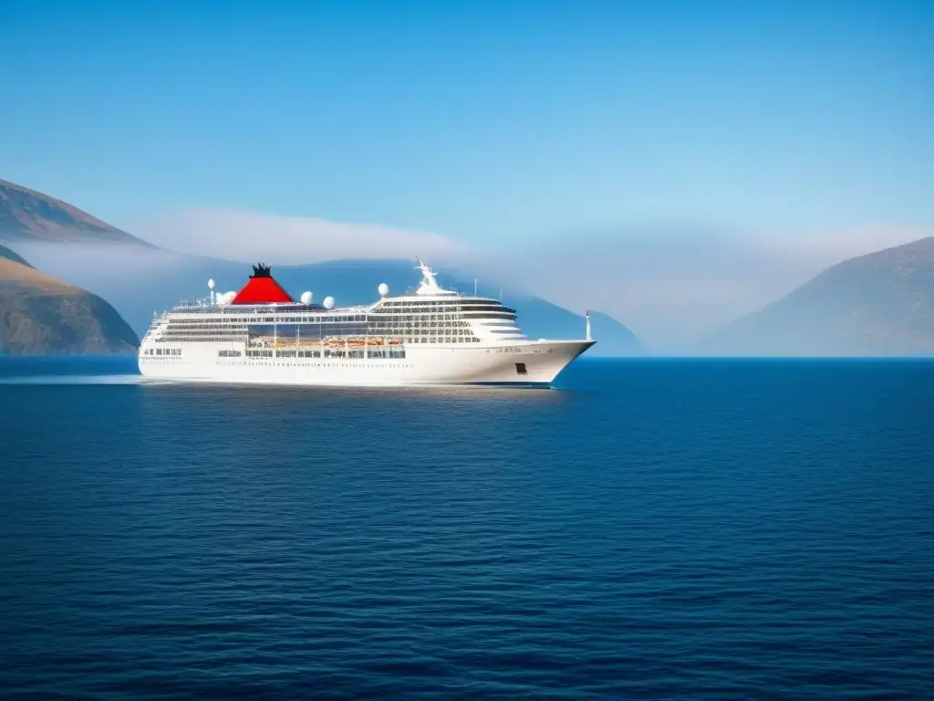 Un elegante crucero navegando en aguas tranquilas, con montañas al fondo y gaviotas volando