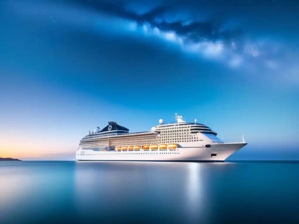 Un elegante crucero navega en aguas tranquilas bajo un cielo estrellado, destacando protocolos de seguridad en cruceros