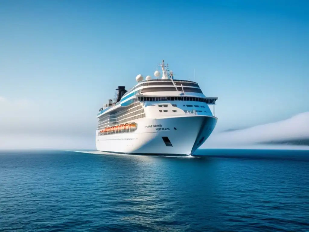 Un elegante crucero navegando en aguas tranquilas bajo cielo azul, con símbolo de cruz médica