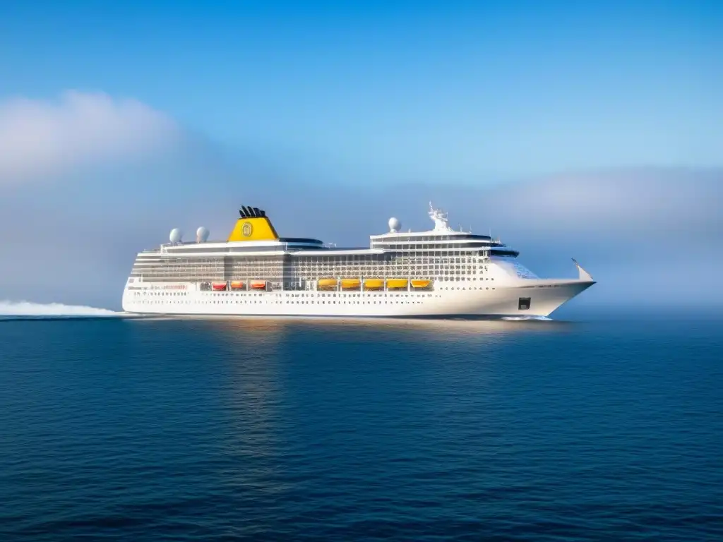 Un elegante crucero navegando en aguas tranquilas bajo un cielo azul despejado, transmitiendo una sensación de seguridad y calma