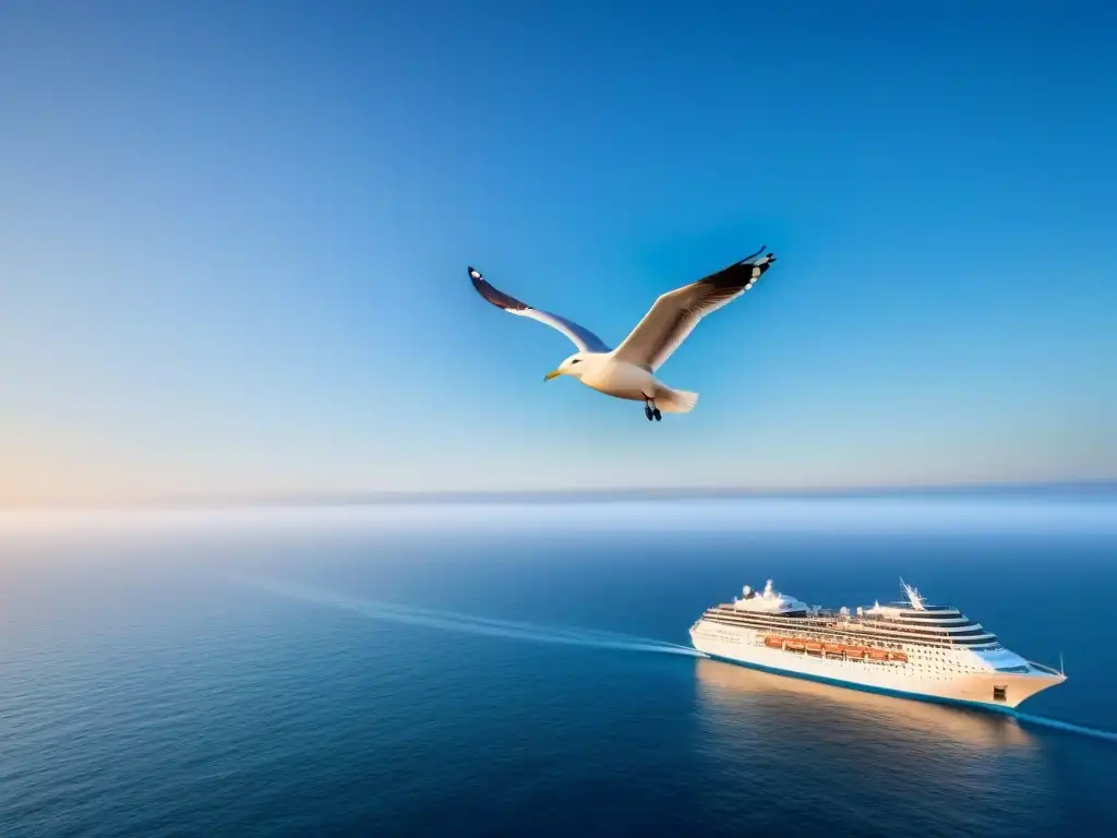 Un elegante crucero navegando en aguas tranquilas bajo un cielo azul, transmitiendo seguridad y paz a los viajeros