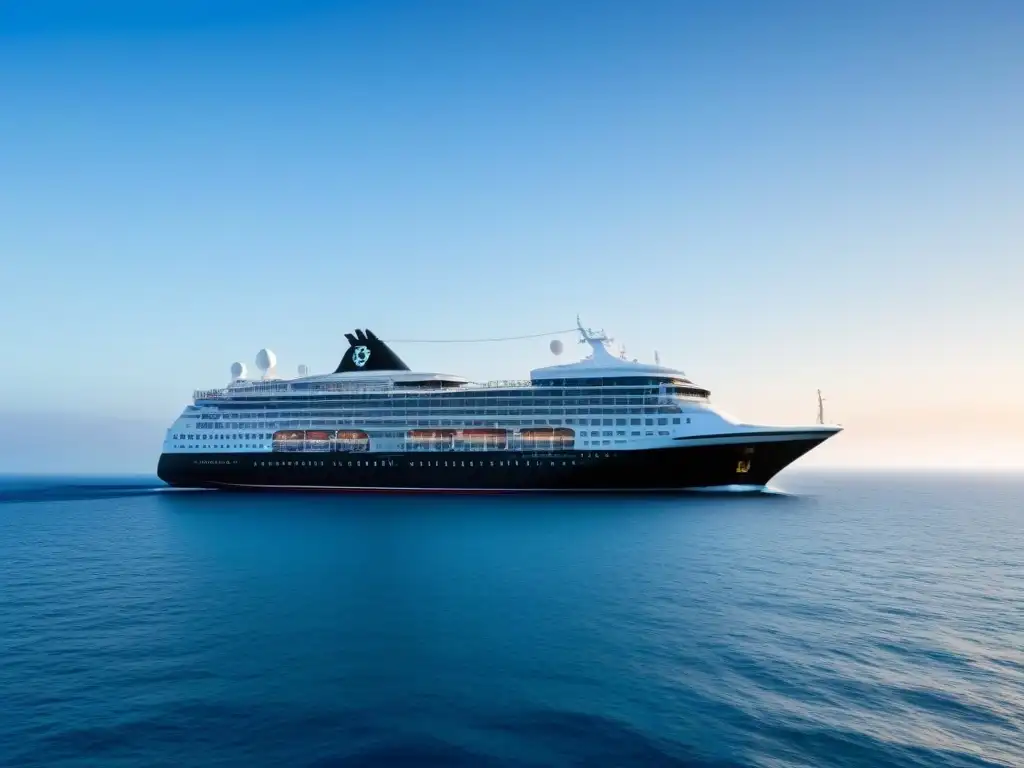 Un elegante crucero navegando en aguas tranquilas bajo un cielo azul, transmitiendo serenidad y sofisticación