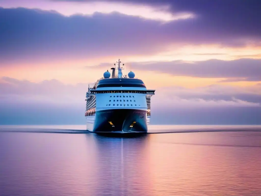 Crucero de lujo al atardecer: Serenidad en aguas calmas Un elegante crucero surca aguas tranquilas al atardecer, creando una sensación de lujo y tranquilidad