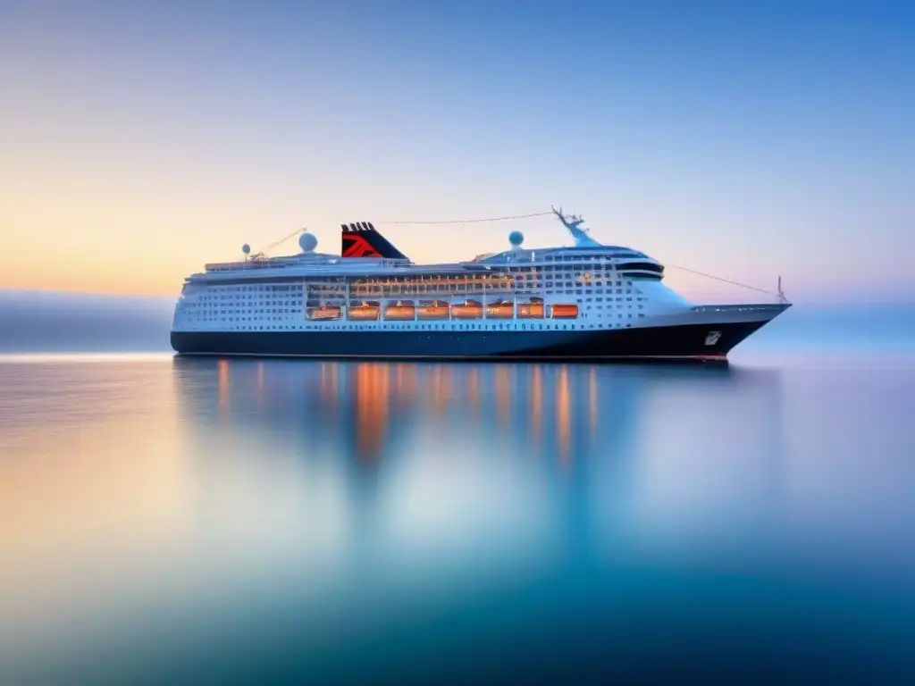 Un elegante crucero navegando en aguas tranquilas bajo un cielo azul, reflejando paz y seguridad