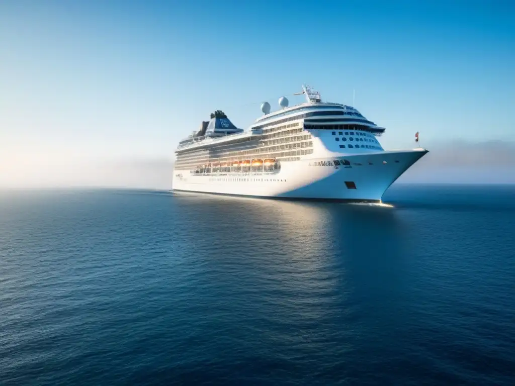 Un elegante crucero navegando en aguas tranquilas bajo un cielo azul, evocando seguridad