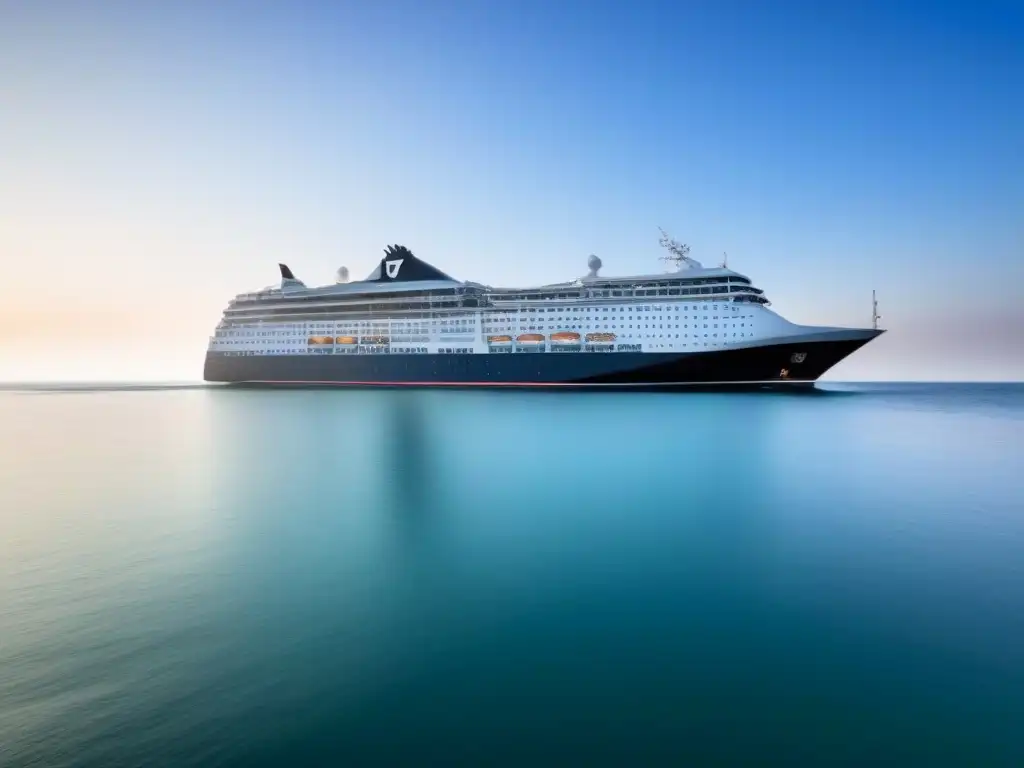 Un elegante crucero surca aguas tranquilas bajo un cielo azul, creando suaves ondas