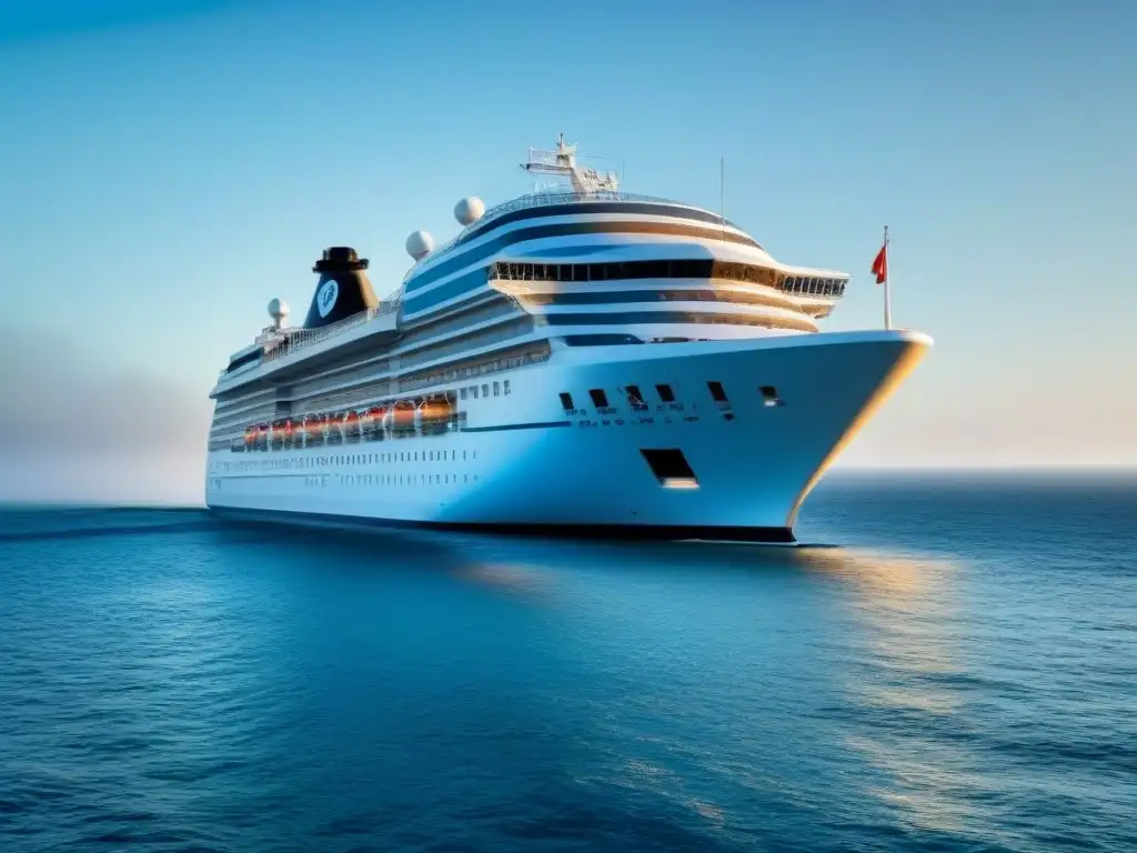 Un elegante crucero surcando aguas tranquilas bajo un cielo azul, perfecto para cine inmersivo en cruceros