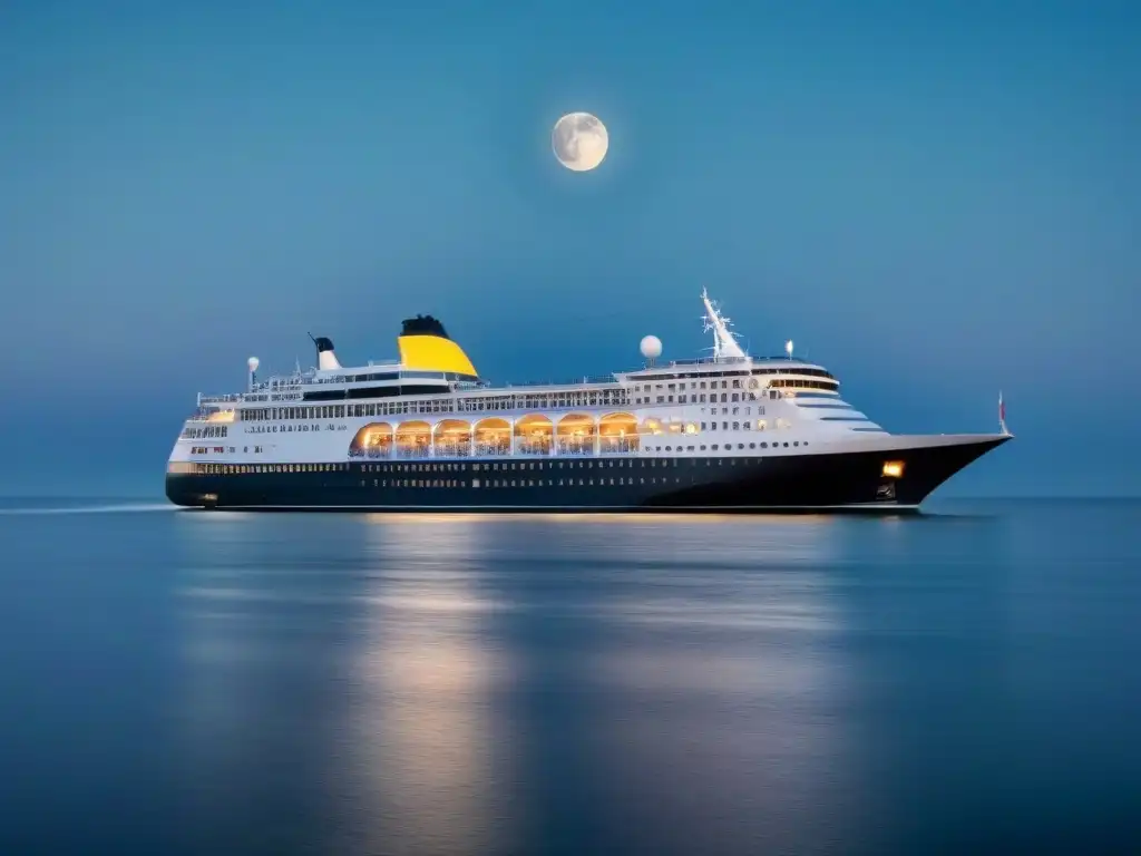 Un elegante crucero en aguas tranquilas bajo un cielo estrellado, evocando la nostalgia y sofisticación de los cruceros en el cine: momentos icónicos