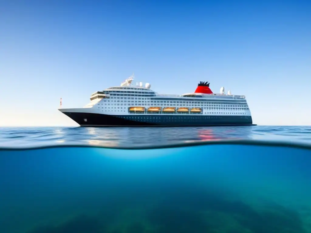 Un elegante crucero navegando en aguas tranquilas bajo un cielo azul, reflejando la luz del sol