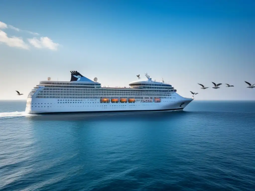 Un elegante crucero navegando en aguas tranquilas, bajo un cielo azul, rodeado de gaviotas