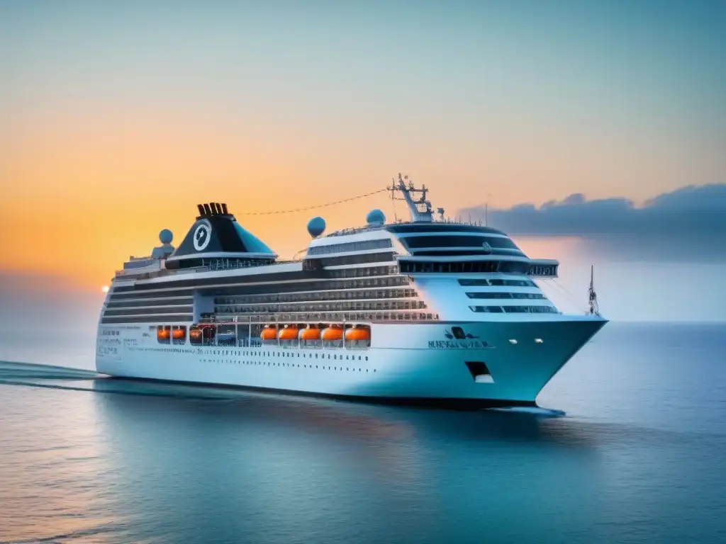 Un elegante crucero navegando en aguas turquesas al atardecer, simbolizando el turismo marítimo postpandemia