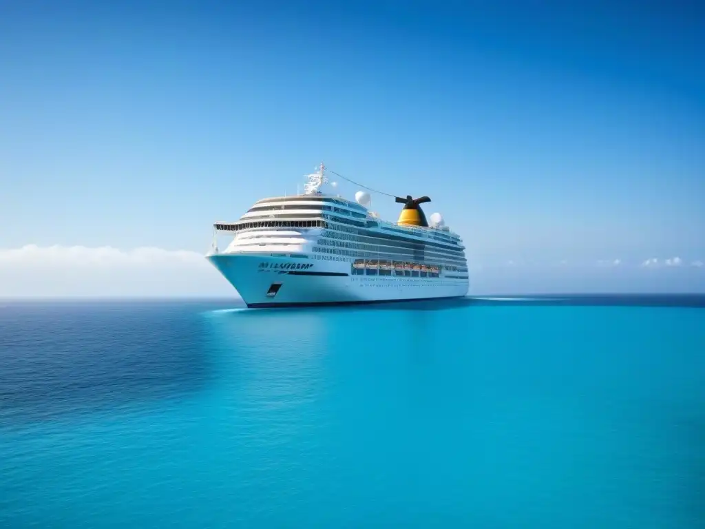 Un elegante crucero surcando aguas turquesas bajo un cielo despejado, reflejándose sutilmente en el mar calmado