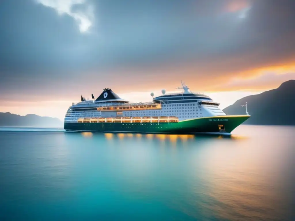 Un elegante crucero navegando en aguas turquesas al atardecer, con innovaciones verdes en cruceros marítimos