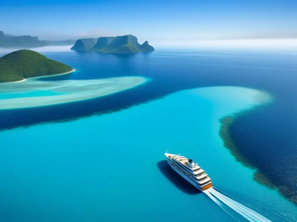 Un elegante crucero navega en aguas turquesas bajo un cielo azul, rodeado de islas verdes