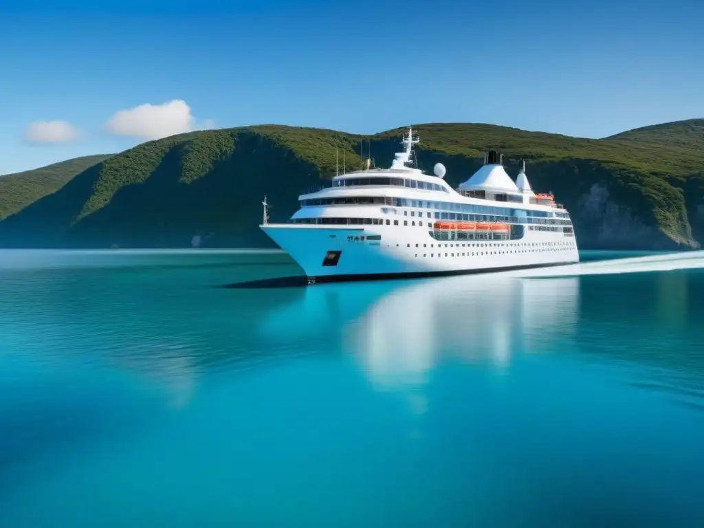 Un elegante crucero navega en aguas turquesas, reflejando éxito en negocios de turismo marítimo