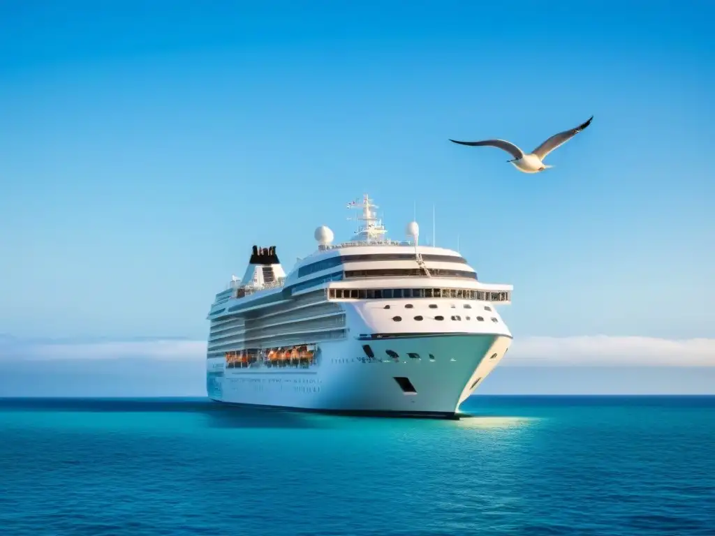 Un elegante crucero navegando en aguas turquesas con un cielo azul despejado y una gaviota