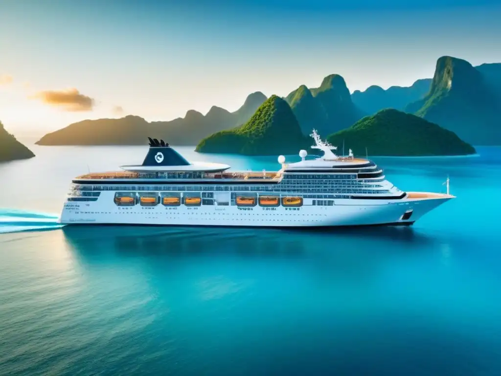 Un elegante crucero surca aguas turquesas, rodeado de islas tropicales verdes al atardecer