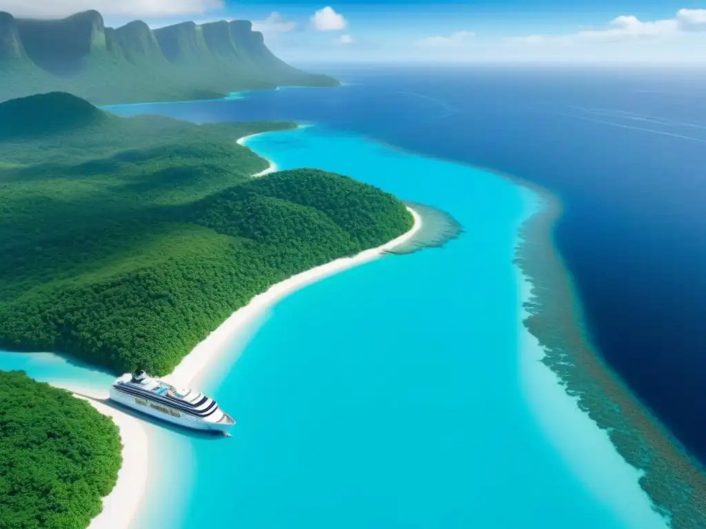 Un elegante crucero navegando en aguas turquesas, rodeado de islas tropicales