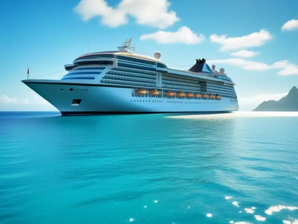 Un elegante crucero surca aguas turquesas bajo un cielo despejado, rodeado de islas tropicales