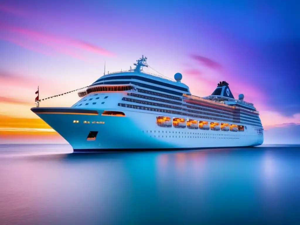 Un elegante crucero surcando aguas turquesas al atardecer